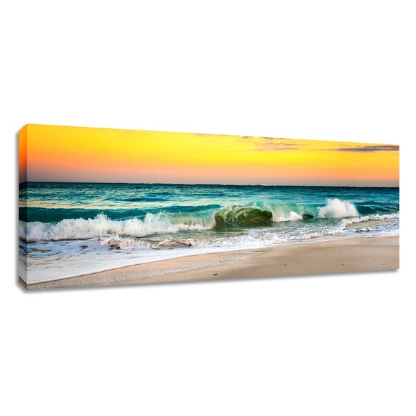 Beach sunset photo wide decor. Grace Bay wall art panoramic big. Turquoise ocean surf teal. Choose print, matted or framed, or on canvas.