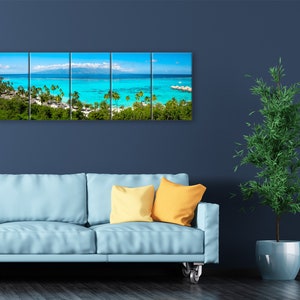 Panoramic Tahiti wall art. Tropical wide decor. Mourea Toatea lookout French Polynesia picture. Choose print framed or matted, or on canvas. 5 Canvas Panel 20x60 inches