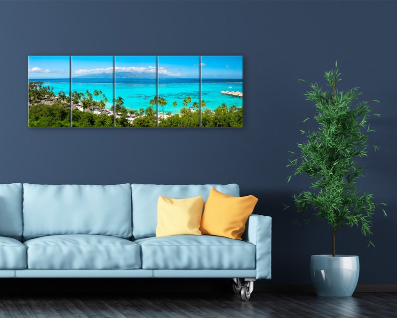 Panoramic Tahiti wall art. Tropical wide decor. Mourea Toatea lookout French Polynesia picture. Choose print framed or matted, or on canvas. 5 Canvas Panel 20x60 inches