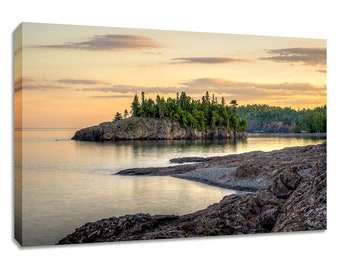 Minnesota wall art. Lake Superior Ellingson Island. Yellow sunset landscape print. Choose print matted or framed or stretched canvas panels.