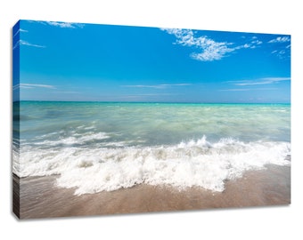 Lake Huron wall art wide. Grand Bend beach water. Colorful decor Bruce Peninsula. Choose print, matted or framed or stretched canvas panels.