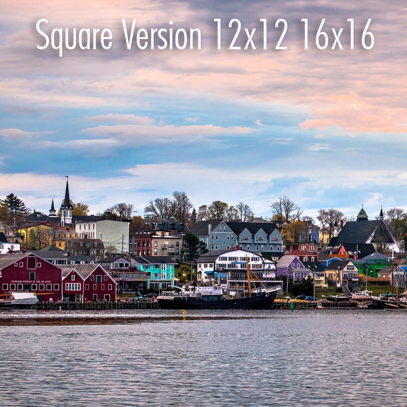 Landscape 5 panel art. South shore photography Canadian Maritimes Lunenburg Nova Scotia canvas wall art Framed panoramic wide room decor