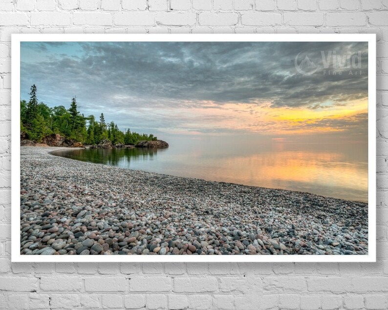 Lake Superior stone beach sunset wall art. Great Lakes room decor wide. Northern Ontario picture. Choose canvas or print, matted or framed. image 7