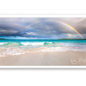 Beach Rainbow wall art wide. Tropical turquoise picture. Teal ocean water decor. Sand and surf photography. Choose print or streched canvas. image 7