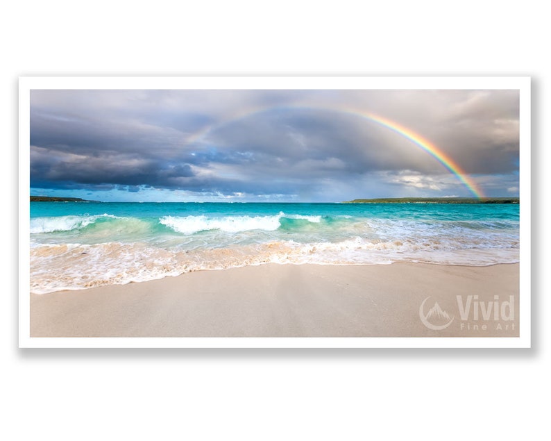 Beach Rainbow wall art wide. Tropical turquoise picture. Teal ocean water decor. Sand and surf photography. Choose print or streched canvas. image 7