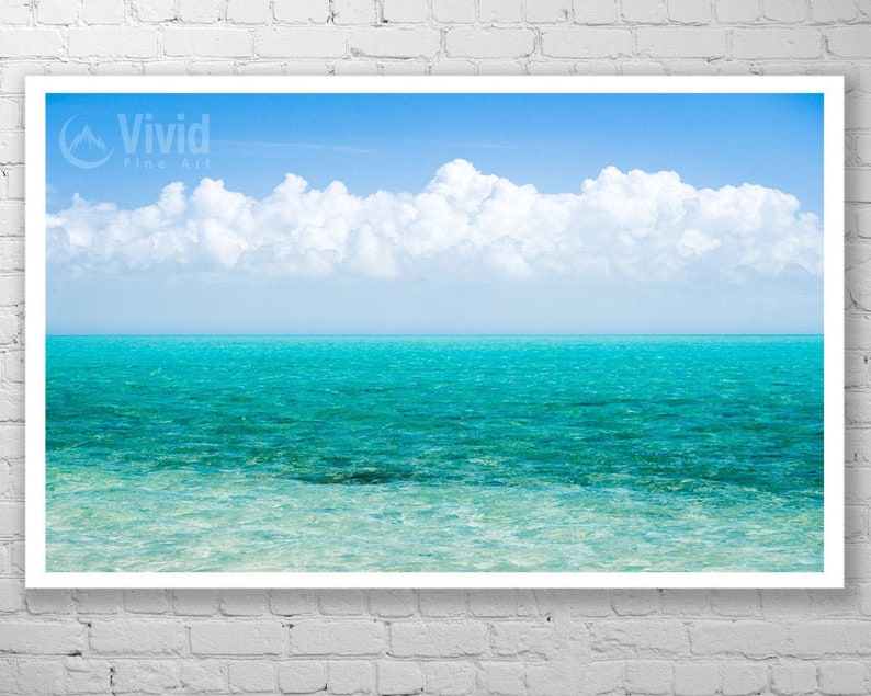 Caribbean sea art wall decor. Tropical minimalist print turquoise water photography. Teal ocean picture clouds. Available in print or canvas image 7