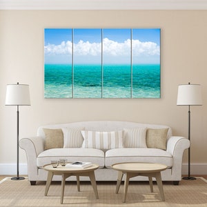 Caribbean sea art wall decor. Tropical minimalist print turquoise water photography. Teal ocean picture clouds. Available in print or canvas image 9