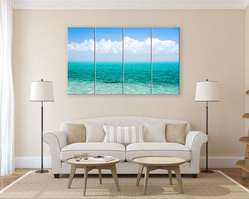 Caribbean sea art wall decor. Tropical minimalist print turquoise water photography. Teal ocean picture clouds. Available in print or canvas image 9