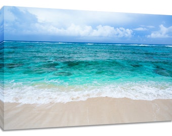 Beach canvas wall art. Ocean framed photography print. Paradise seascape decor. Teal blue and white sand. Choose print options or on canvas.