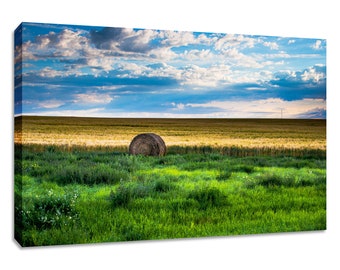 Farmland photo colorful. Saskatchewan landscape wall art wide. Prairie hay bale decor. Choose print, matte or framed, or stretched canvas.