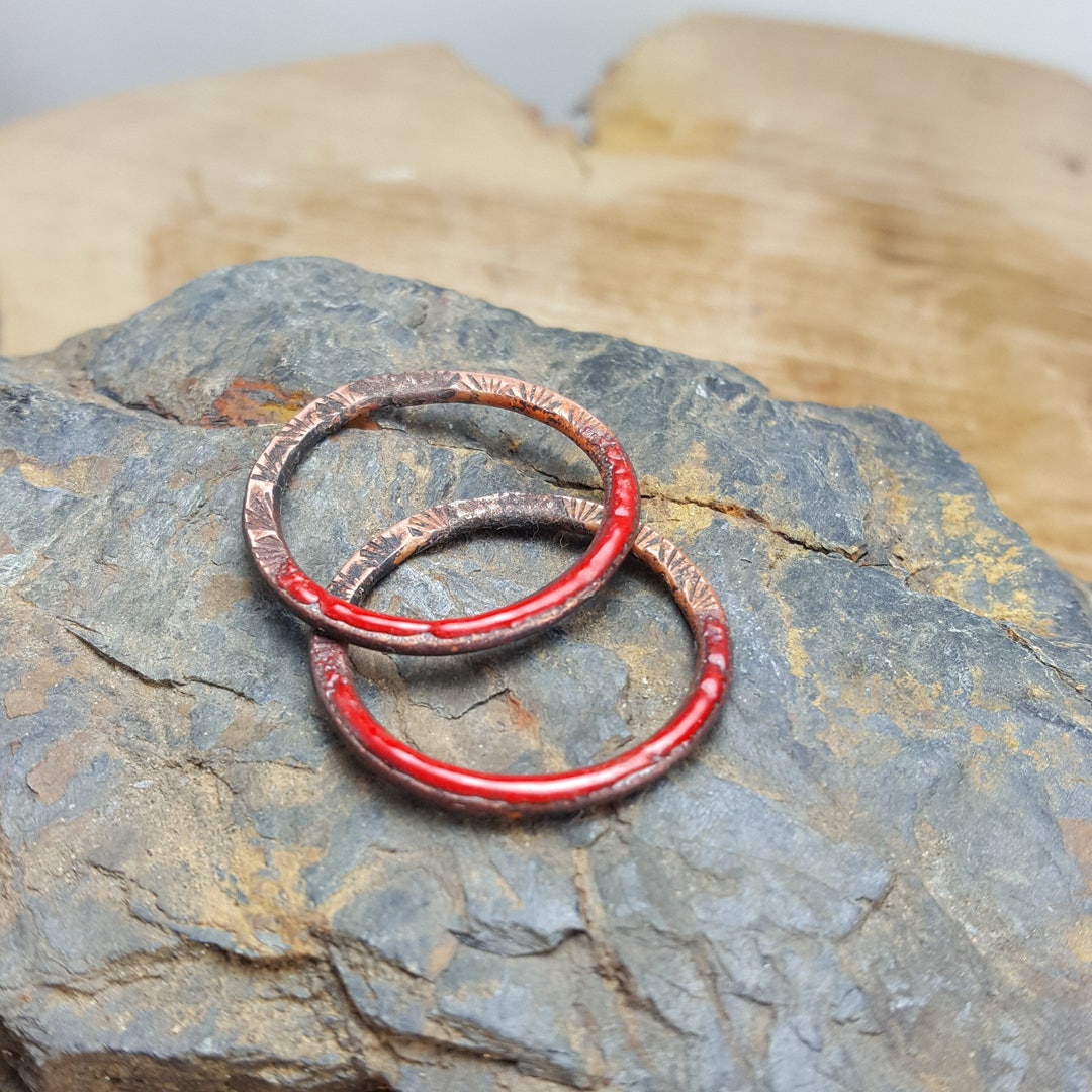 Copper Rings Enameled, Red, Circles, Closed, Soldered, Patina, Rustic ...