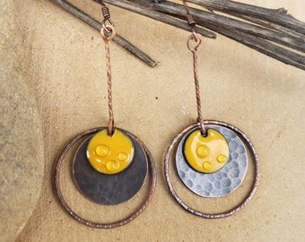 Bohemian earrings, creoles, yellow, enamelled copper, murano glass. Circles, rings, oxidized copper. Earth Mist handcrafted jewelry