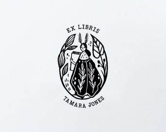 MOTH GIRL Ex libris / Butterfly Rubber Stamp / Insect Personalized Book plate / Custom book stamp for Daughter / Gift Box