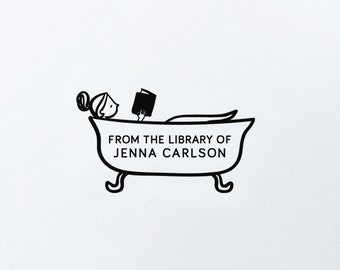 READING in the BATHTUB Bookplate Stamp / From The Library of Stamp / Wooden Rubber Stamp / Belongs to Stamp with Name / Custom Library Stamp