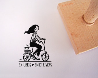 Ex Libris Stamp With Bicycle / Personalized Gift / Custom Rubber Stamp / Book Lover / Gifts For Her / Gift For Girl For Birthday / Artistamp