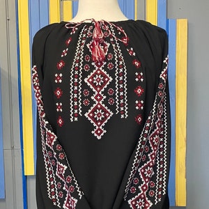 Black Chiffon Embroidered Ukrainian Blouse/White and Red Geometric Embroidery/Size XL