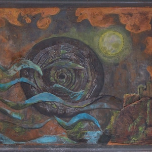 May include: Abstract painting with a dark circular shape in the center, surrounded by blue and green waves. A yellow moon and a brown structure are visible in the background.