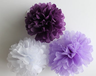 Rustic Purple and White Tissue Paper Pom Pom| Rustic Purple Wedding, Birthday, Bridal Shower, Home Decor, Nursery & Party