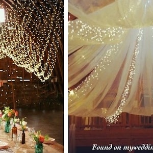 May include: Two images showing how to decorate a wedding reception with white fairy lights. The first image shows a rustic barn with a long table set for a wedding reception. The second image shows a white fabric canopy with fairy lights hanging from it.