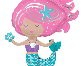 Balão metalizado brilhante de sereia, balão de sereia de 76 cm (30 polegadas) com tema do fundo do mar, balão de sereia fofo, festa com tema oceânico, festa com tema de animais marinhos, festa de verão.