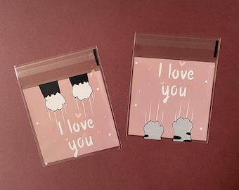 Cat Paw Meow I love you Kawaii Japanese Cat Cookie Cello Bag, Cat Translucent Self Adhesive Favor/Cookie Bags | Birthday, Baby Shower