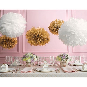 Set 8 pom pom in carta velina color oro/marrone chiaro e bianco/matrimonio, compleanno, addio al nubilato, decorazioni per la casa, asilo nido e feste