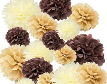 12 Autumn Fall Rustic Chocolate Tan Cream Tissue Pom Poms Kit| Weddings Birthday Bridal Baby Showers Nursery Décor, Birthday, Wedding,