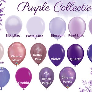 May include: A collection of purple and pink latex balloons with various finishes, including chrome, pearl, and reflex. The balloons are labelled with names such as "Silk Lilac", "Pastel Lilac", "Blossom", "Pearl Lilac", "Lilac", "Chrome Mauve", "Reflex Pink", "Violet", "Quartz", "Pearl Quartz", "Dusk Rose", "Orchid", "Reflex Purple", and "Chrome Purple".