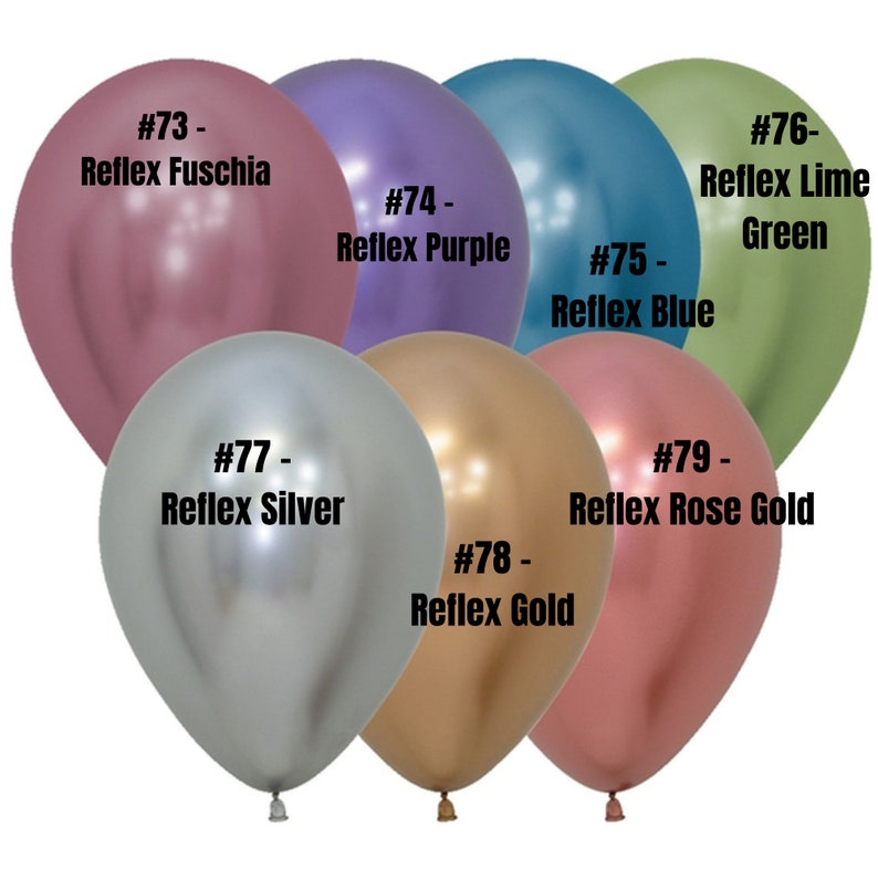 Pode incluir: Nove bal&otilde;es de l&aacute;tex em v&aacute;rias cores met&aacute;licas, incluindo f&uacute;csia, roxo, azul, verde lim&atilde;o, prata, dourado e ouro rosa. Cada bal&atilde;o tem um n&uacute;mero e uma descri&ccedil;&atilde;o, como "#73 - Reflex Fuschia" e "#77 - Reflex Silver".