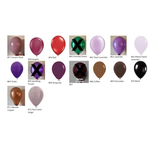 May include: A chart of 12 different colored balloons with numbers and names for each color. The colors include canyon rose, sangria, red, emerald green, pearl lavender, lavender, matte pastel lavender, violet, sparkling purple, burgundy, metallic burgundy, coffee, chocolate, and black.