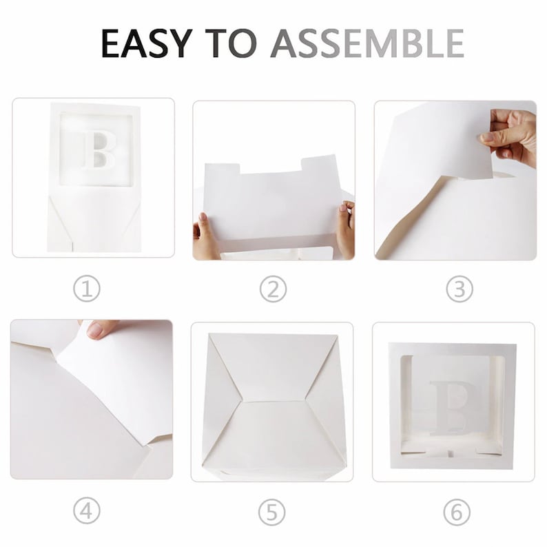 May include: A six-step assembly guide for a white cardboard box with a clear window. The box is designed to hold a gift or other item. The steps are numbered 1 through 6 and show how to fold and assemble the box.
