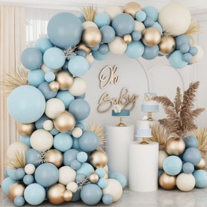 Kit ghirlanda con arco di palloncini Dusty Baby Blue, sabbia bianca, oro metallizzato, palloncini Dusty Slate Fog Baby Blue per bambino, baby shower, sposa