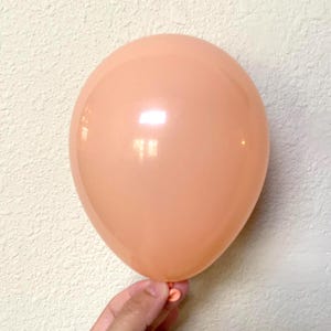 Könnte beinhalten: Ein pfirsichfarbener Ballon, gehalten von einer Hand, vor einem strukturierten weißen Hintergrund. Der Ballon ist aufgeblasen und hat eine glänzende Oberfläche, die das Licht reflektiert. Der Ballon hat einen weichen, gedämpften Orangeton.