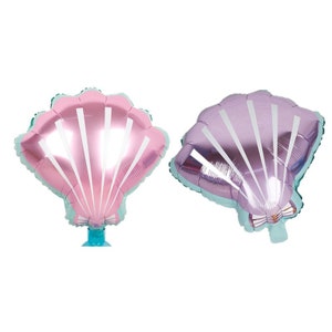 May include: Two foil balloon seashells, one pink and one purple, with white lines and a light blue outline.