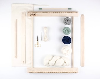 14" Weaving Loom Kit / Everything you need to make your own woven wall hanging / Moss and Navy