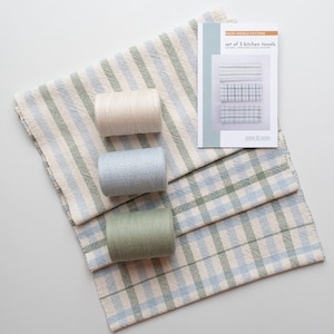 Rigid Heddle Kit | Weave your own kitchen towels | Set of 3 Towels Gingham Blue and Sage