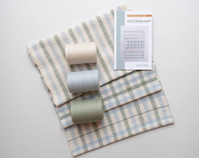 Rigid Heddle Kit | Weave your own kitchen towels | Set of 3 Towels Gingham Blue and Sage