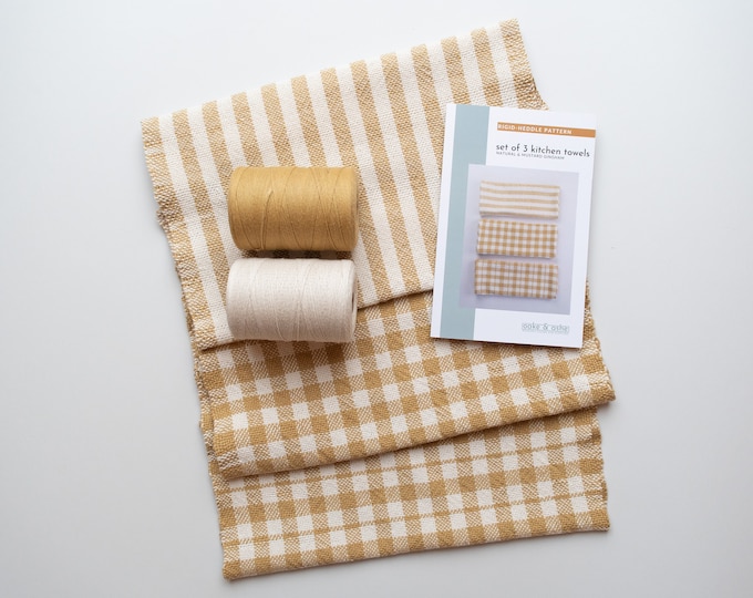 Weave your own kitchen towels | Set of 3 Towels Gingham Mustard and Natural | Rigid Heddle Kit