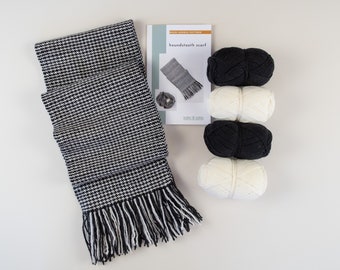 Rigid Heddle Scarf Kit | Make your own White and Black Houndstooth Wool Scarf