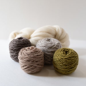 May include: A collection of yarn in various neutral colors, including cream, gray, brown, and olive green. The yarn is arranged with a large, fluffy bundle of cream-colored roving in the background and several smaller balls of yarn in the foreground.