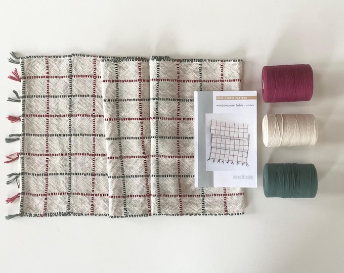 Weave your own Table Runner | Holiday Windowpane Pattern | Rigid Heddle Kit | Green and Cranberry