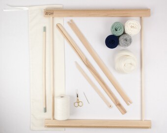 20" Frame Loom Weaving Kit / Everything you need to make your own woven wall hanging Moss/Navy