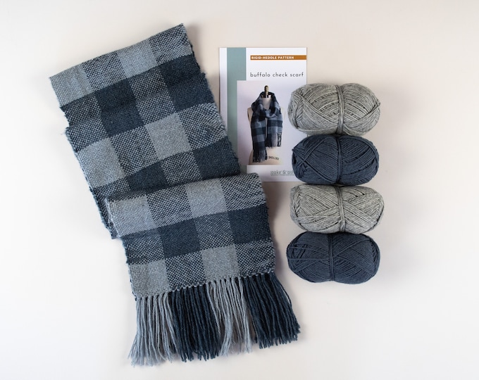 Rigid Heddle Scarf Kit | Make your own Blue and Gray Buffalo Check Wool Scarf