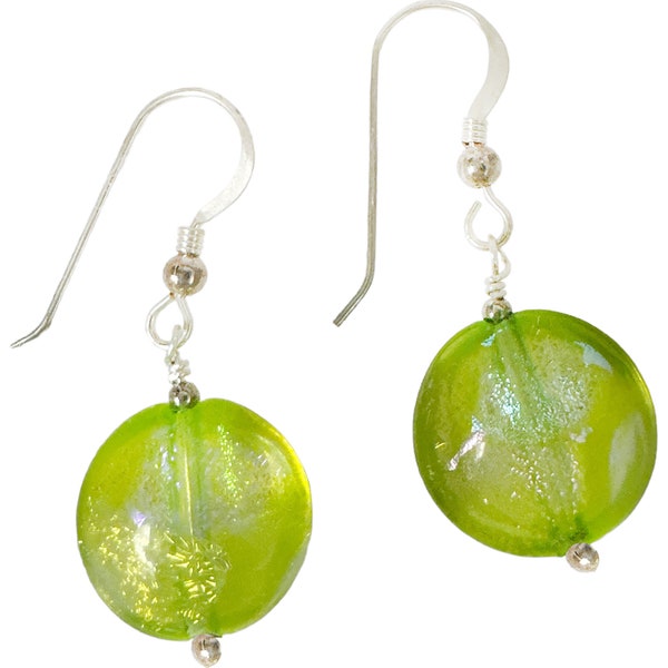 Murano Glass Earrings Dichroic Disc Earrings - Green, Sterling Silver Ear Wires