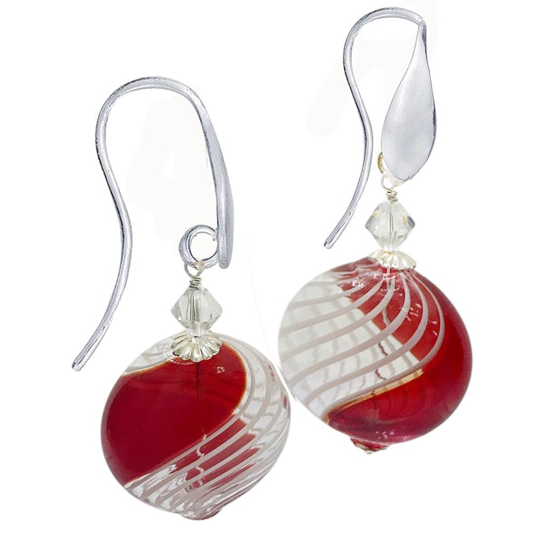 Murano Glass Mouth Blown Filigrana Earrings Bicolor Red and White