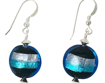 Orecchini in vetro di Murano Orecchini a disco tricolore - azzurro e acqua con fili per orecchie in argento sterling