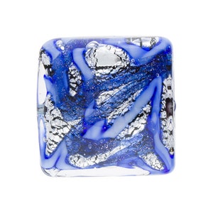 Murano Glass Bead, Blue and Blue Aventurina Sterling Silver Foil Galaxy, 18mm Square Lampwork Bead