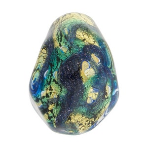 Murano Glass Bead, Aqua, Blue Aventurina 24kt Gold Foil Galaxy, 23mm Pebble, 23X20 Pebble
