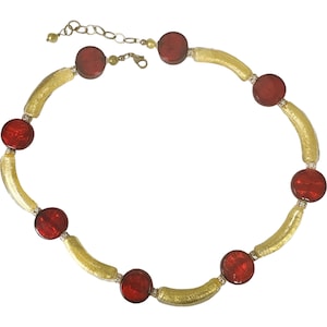 Red and Gold Foil Curves 24kt Gold Foil Murano Glass Bead Necklace 20 Inches