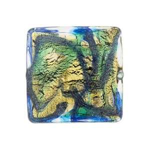 Murano Glass Bead, Aqua, Blue Aventurina Gold Foil Galaxy, 18mm Square Lampwork Bead